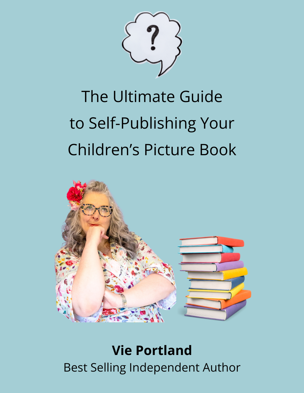 Vie has a floral dress and flowers in her hair as she ponders something, with her haead resting on her hand her face has a quizzacle look. Next to her is a pile of books